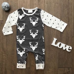 🦌 Grey and White Deer Baby Jumpsuit